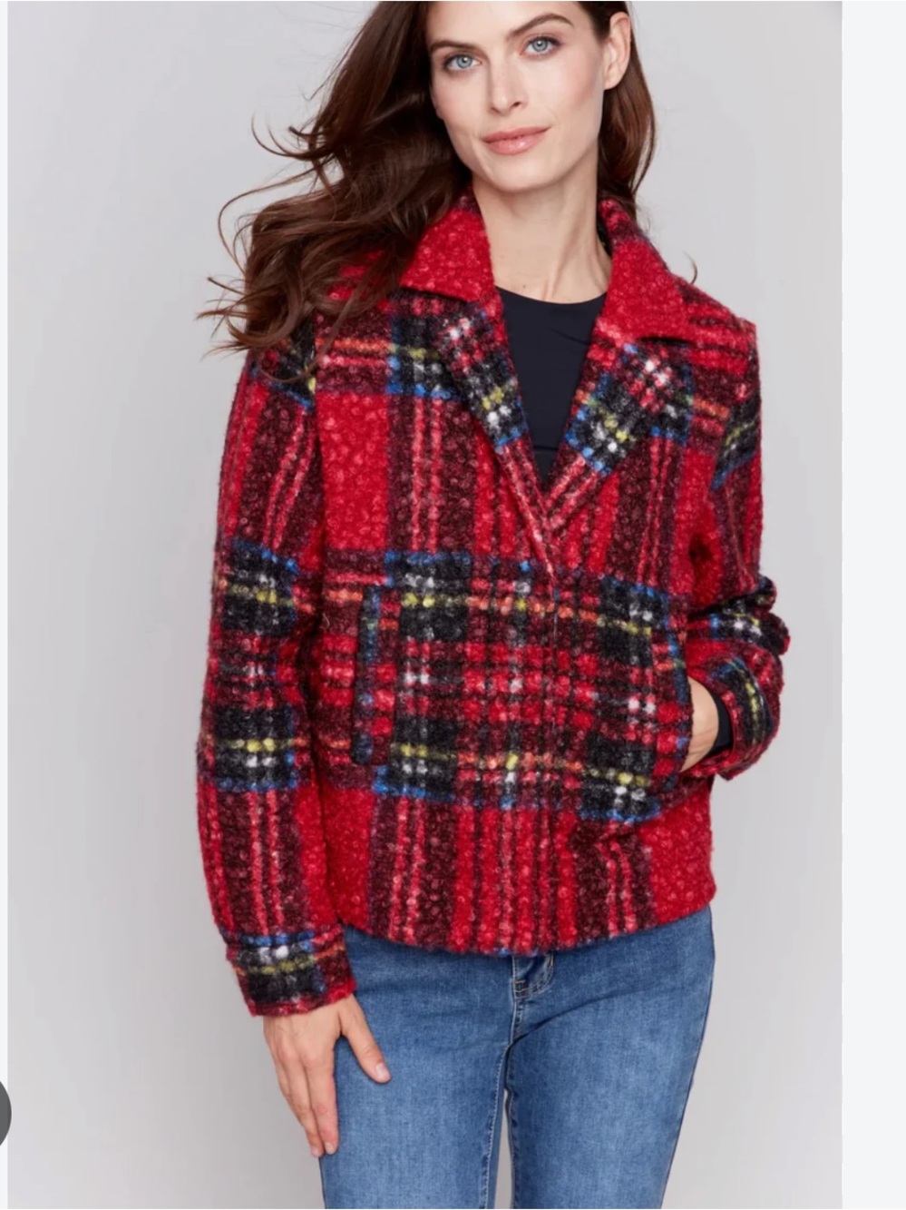 CHARLIE B Red Plaid Bouclรฉ Knit Short Coat